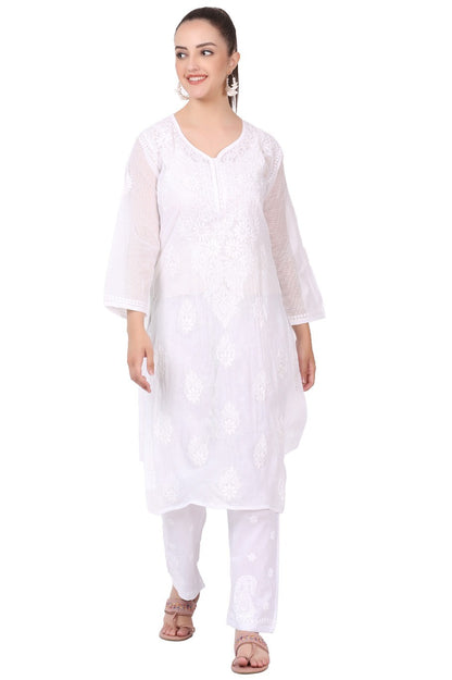 White Chikankari Long Kurti In Kota Cotton - Famous Chikankari