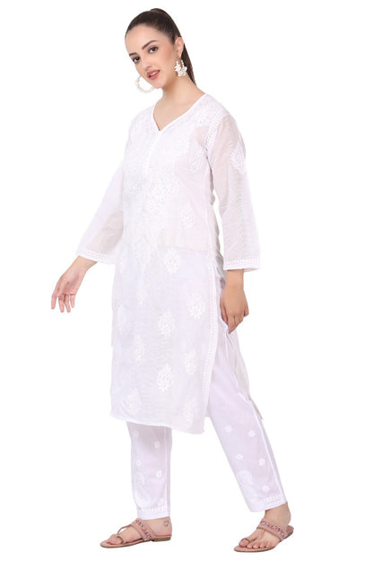 White Chikankari Long Kurti In Kota Cotton - Famous Chikankari