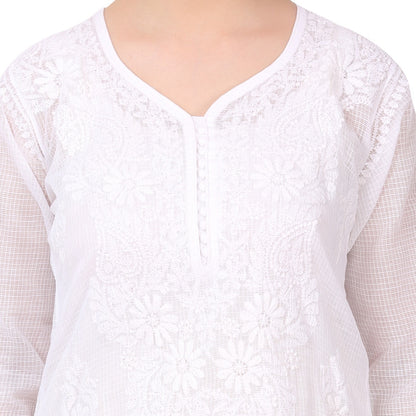White Chikankari Long Kurti In Kota Cotton - Famous Chikankari