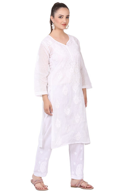 White Chikankari Long Kurti In Kota Cotton - Famous Chikankari