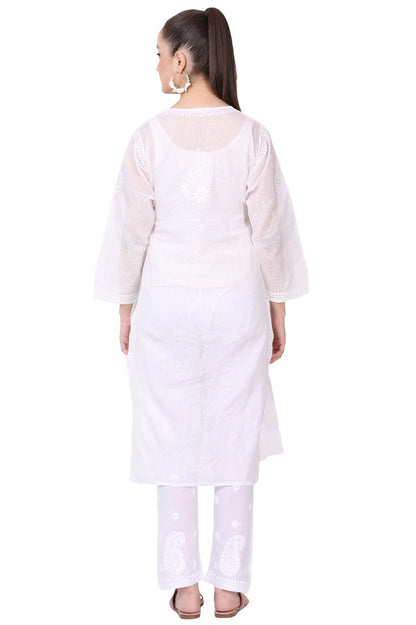 White Chikankari Long Kurti In Kota Cotton - Famous Chikankari