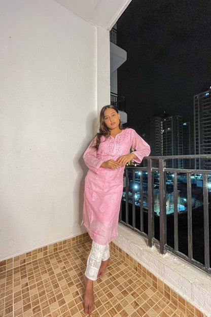 Peach Chikankari Long Kurti In Kota Cotton - Famous Chikankari