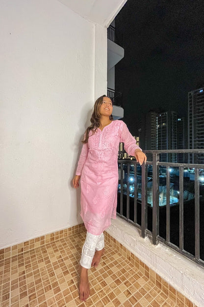 Peach Chikankari Long Kurti In Kota Cotton - Famous Chikankari