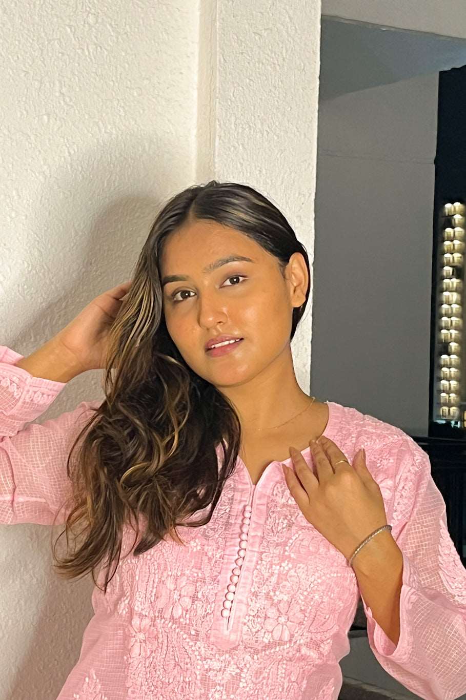 Tamanna Kota Chikankari Straight Kurta(Peach)