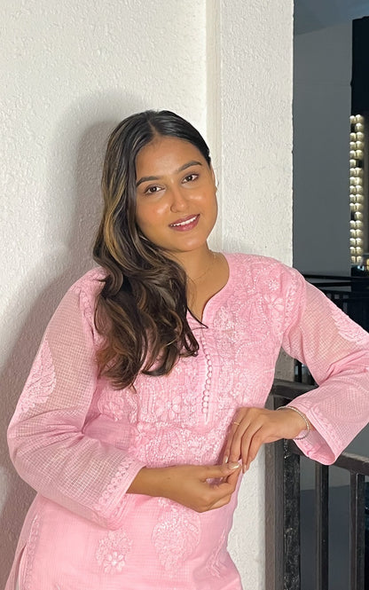 Peach Chikankari Long Kurti In Kota Cotton - Famous Chikankari