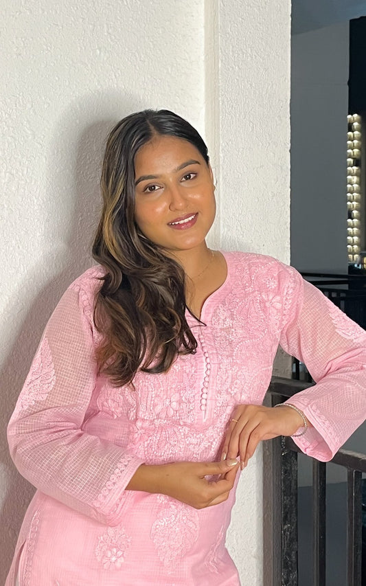 Peach Chikankari Long Kurti In Kota Cotton