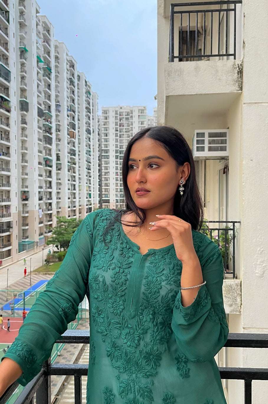 Products Faiza Viscose Chikankari Straight Long Kurta(Bottle Green)