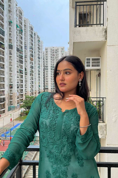 Products Faiza Viscose Chikankari Straight Long Kurta(Bottle Green)