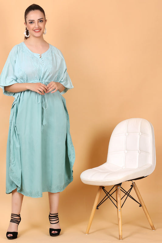 Products Aahista Soft Mulmul Chikankari Kaftan(Aqua Pearl)
