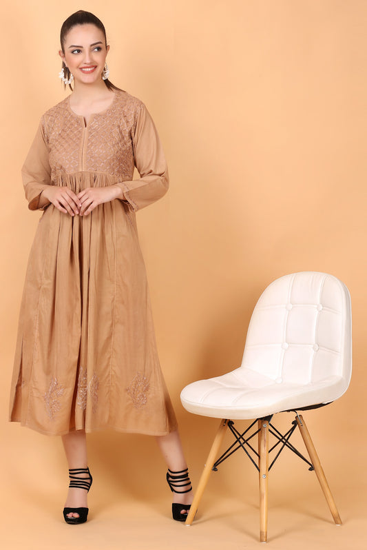 Haniya Chiknkari mulmul pocket style gown(Caramel Brown)