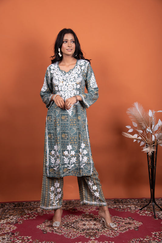 blue modal chikankari kurti plazo set