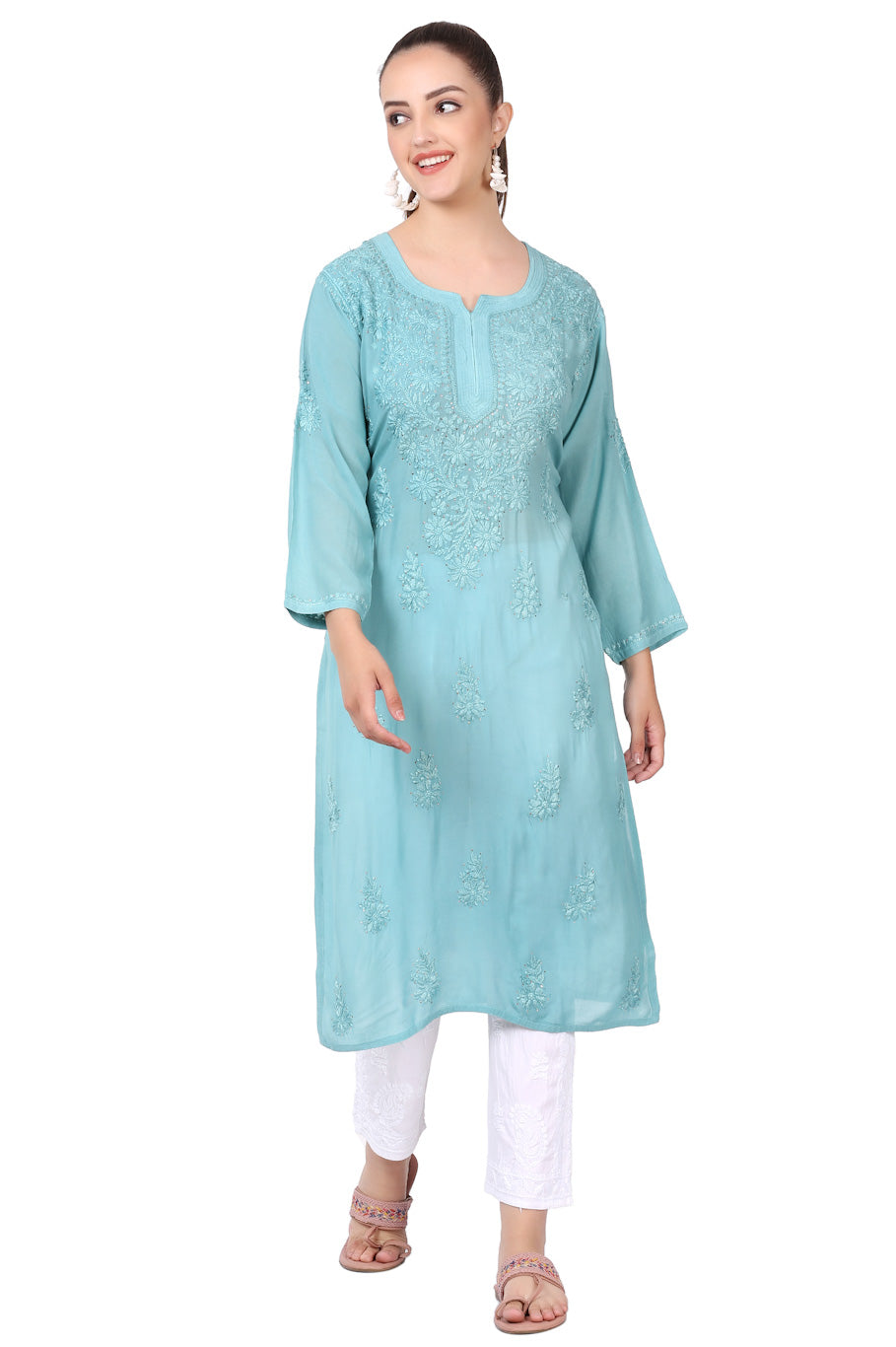 Farah Chikankari Mukaish Straight Kurta(Aqua Pearl)