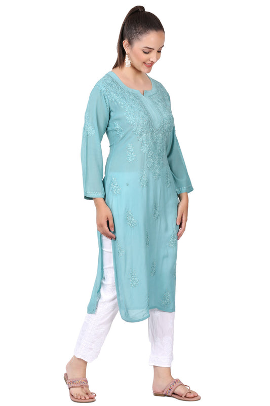 Farah Chikankari Mukaish Straight Kurta(Aqua Pearl)
