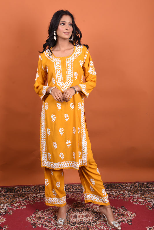mustard chikankari kurta plazo set
