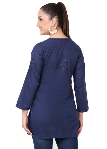 Navy Blue Chikankari Mulmul Short Kurti - Famous Chikankari