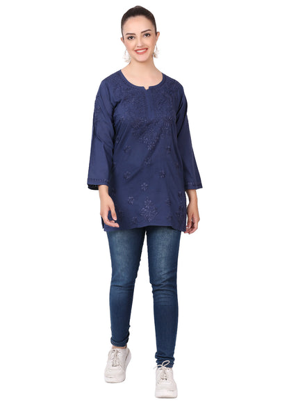 Navy Blue Chikankari Mulmul Short Kurti - Famous Chikankari