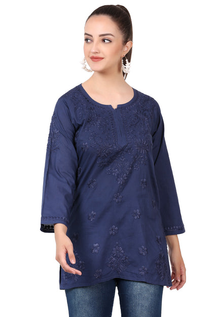 Navy Blue Chikankari Mulmul Short Kurti - Famous Chikankari