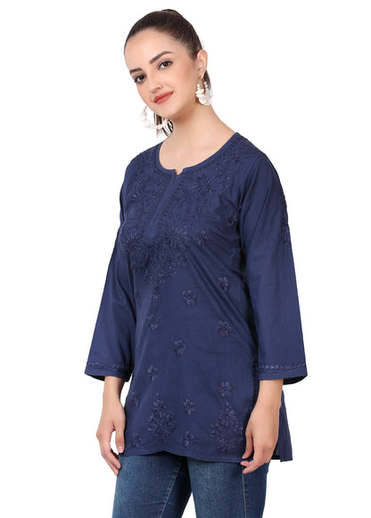 Navy Blue Chikankari Mulmul Short Kurti - Famous Chikankari