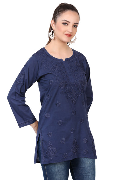 Navy Blue Chikankari Mulmul Short Kurti - Famous Chikankari