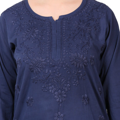Navy Blue Chikankari Mulmul Short Kurti - Famous Chikankari