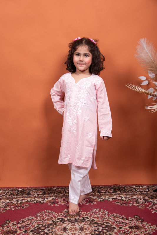 pink chikankari kids kurti plazo set