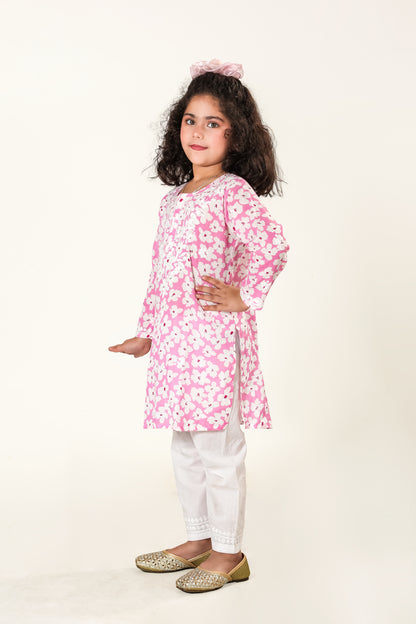 Little Noor – Pink Mulmul Chikankari Kidswear Set - Famous Chikankari