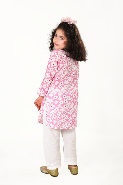 Little Noor – Pink Mulmul Chikankari Kidswear Set - Famous Chikankari