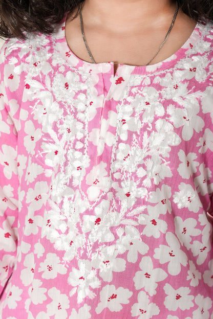 Little Noor – Pink Mulmul Chikankari Kidswear Set - Famous Chikankari