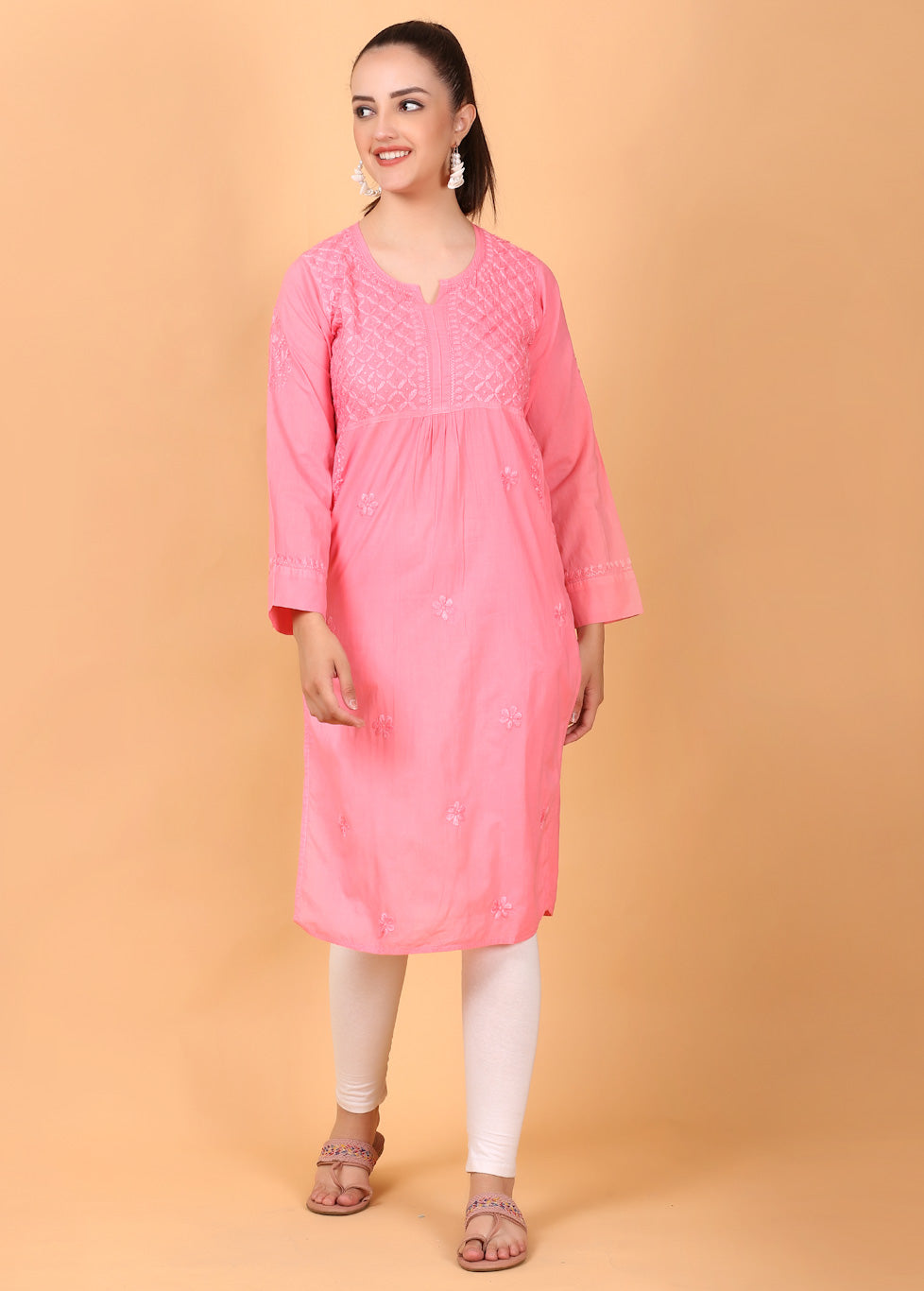 Maryam Chikankari Soft Mulmul Side Pocket Kurta(Georgia Peach)
