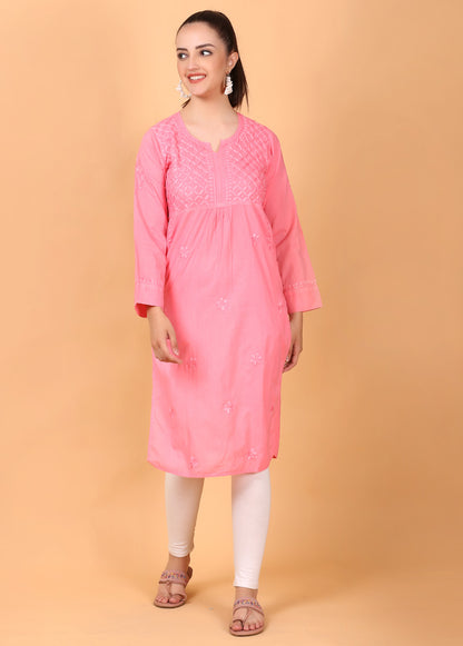 Maryam Chikankari Soft Mulmul Side Pocket Kurta(Georgia Peach)