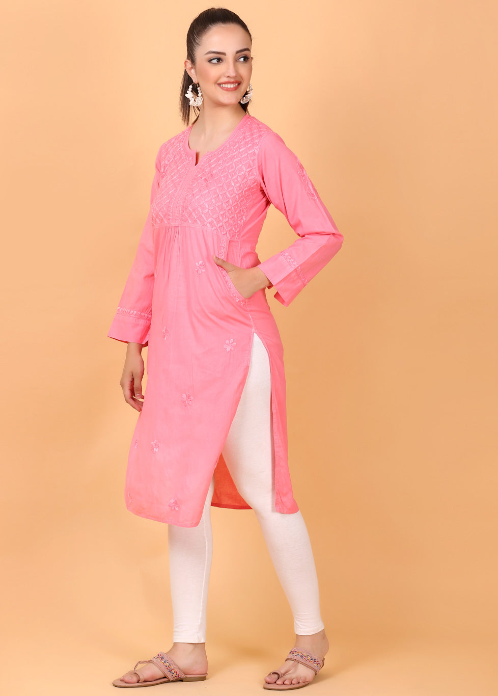 Maryam Chikankari Soft Mulmul Side Pocket Kurta(Georgia Peach)