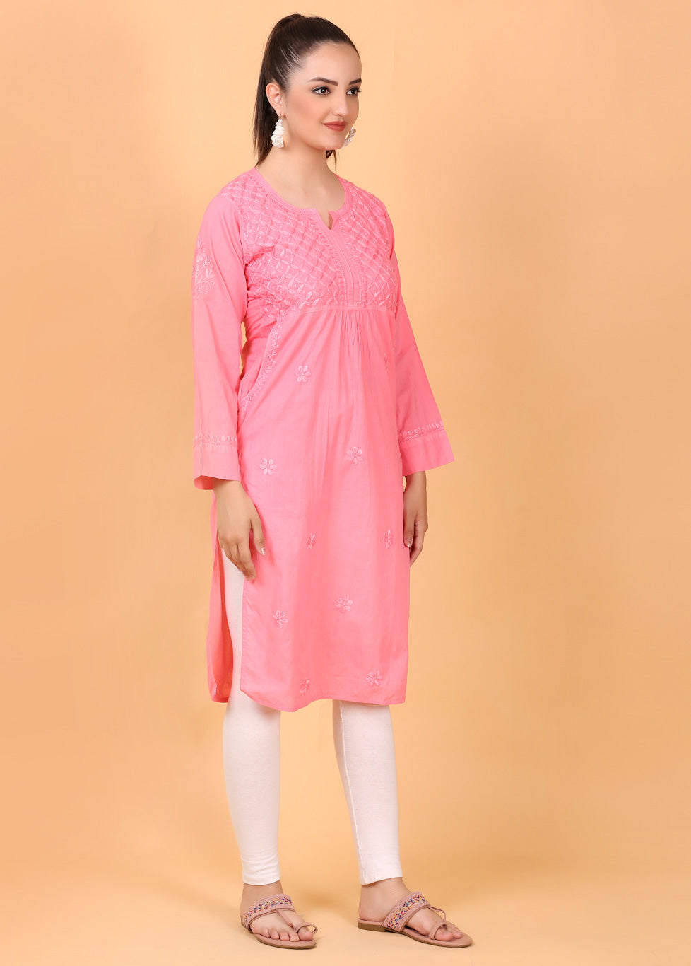 Maryam Chikankari Soft Mulmul Side Pocket Kurta(Georgia Peach)