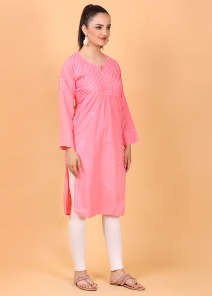 Maryam Chikankari Soft Mulmul Side Pocket Kurta(Georgia Peach)