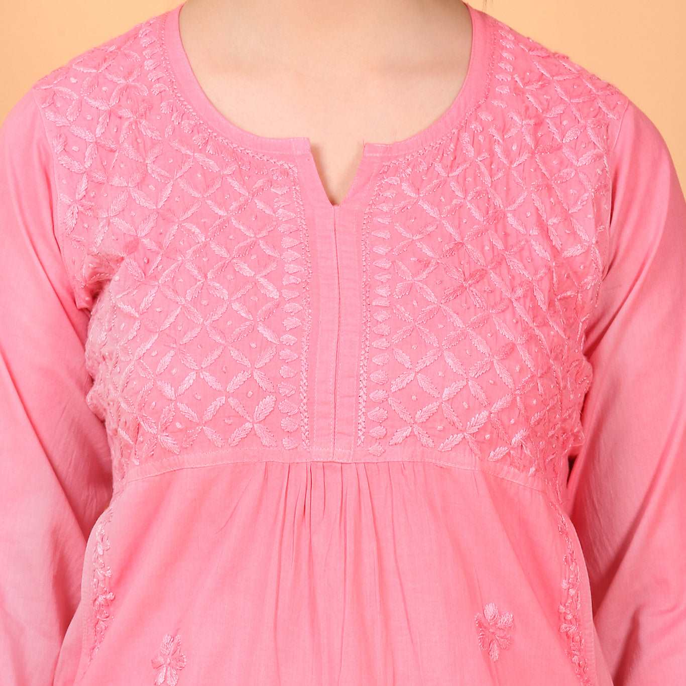 Maryam Chikankari Soft Mulmul Side Pocket Kurta(Georgia Peach)