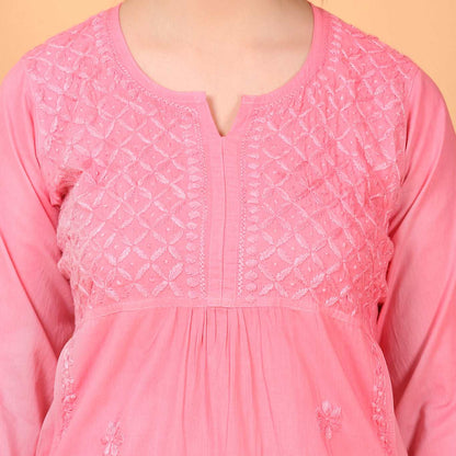 Maryam Chikankari Soft Mulmul Side Pocket Kurta(Georgia Peach)