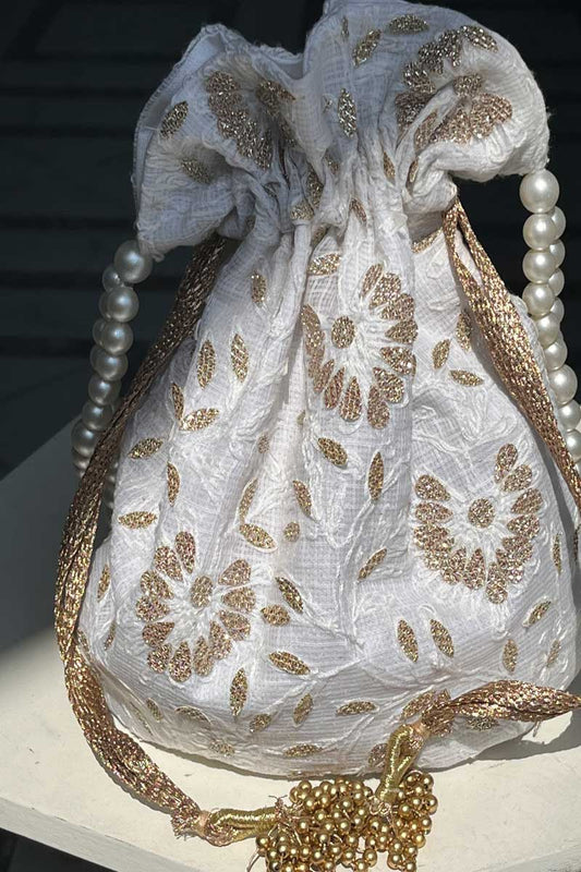 White Kota Chikankari Potli