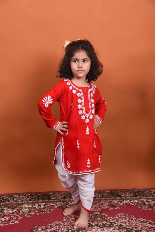 Lil' Princess Red Chikankari Dhoti-Kurta Set