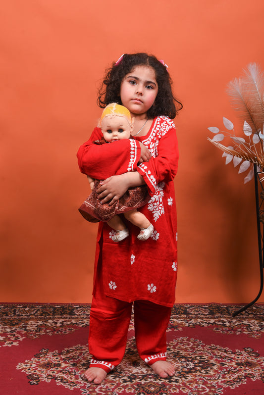 Playtime Perfection: Red Chikankari Kurti Plazo for Girls