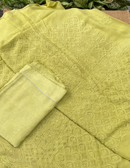 Noorain – Premium Viscose Georgette Chikankari Unstitched Suit(Light Mehndi)