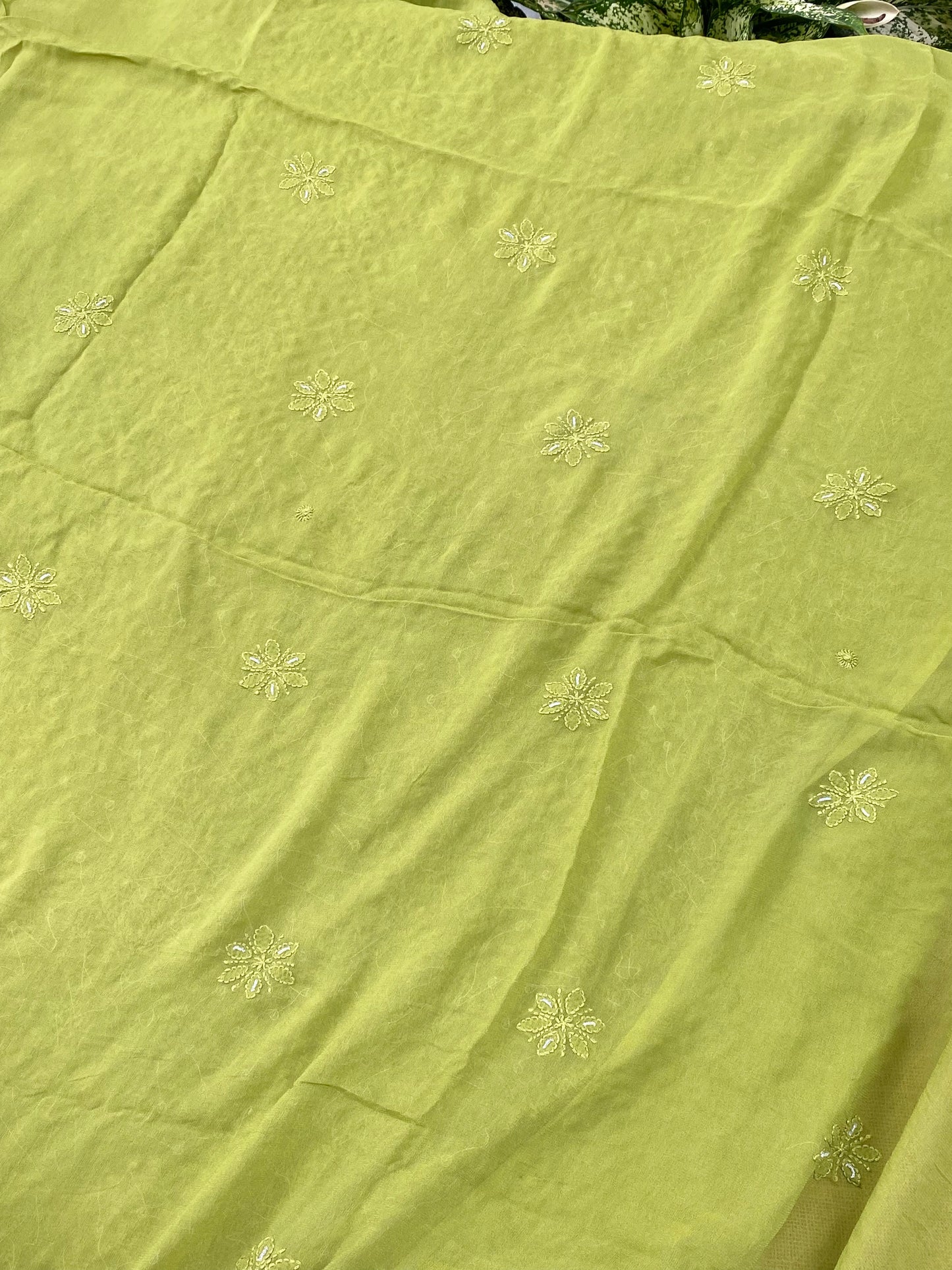 Rangrez Noor| Mehndi Green Chikankari with Pearls Unstitched Dress