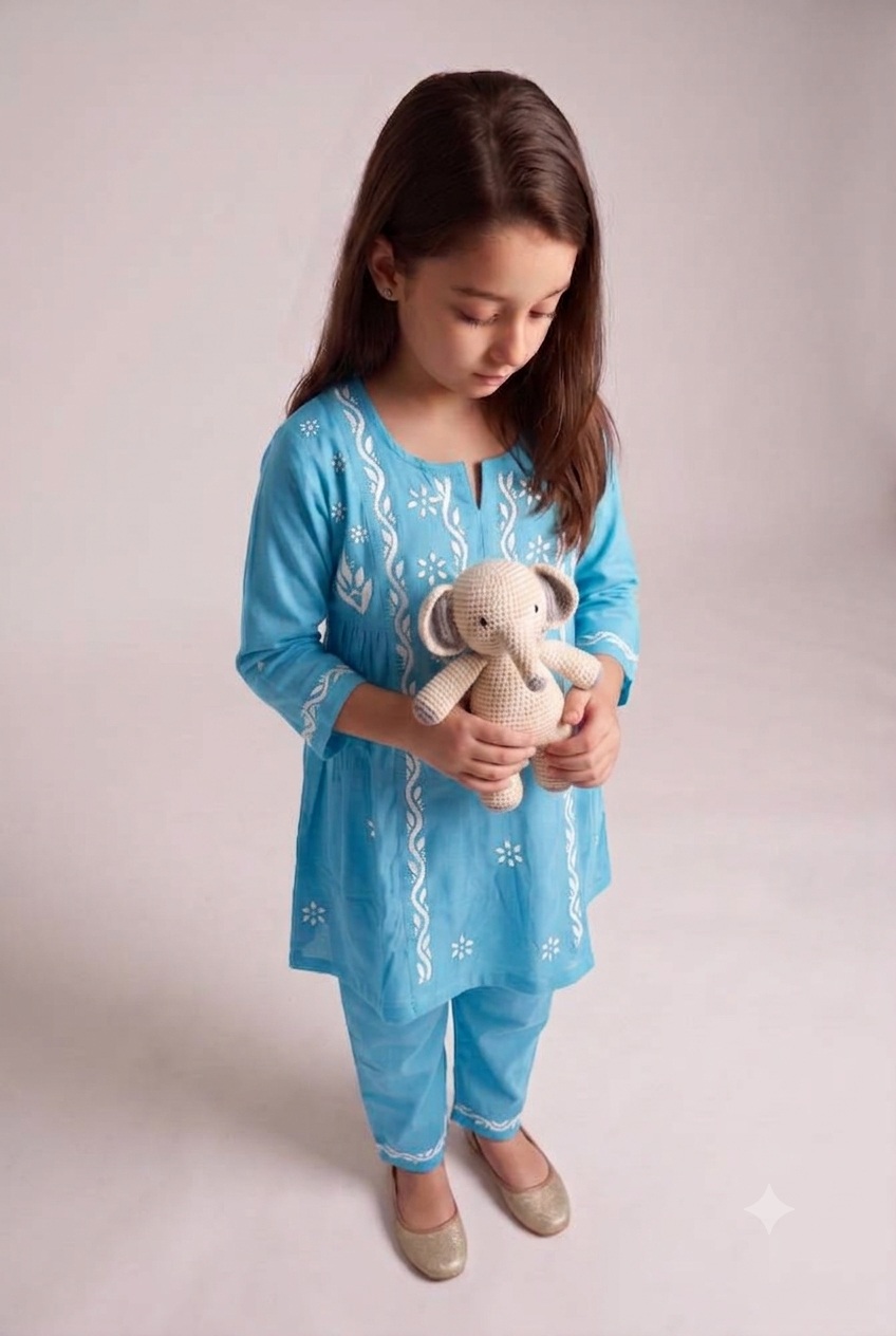 Little Jasmin - Sky Blue Chikankari Side Pleated Kidswear Set