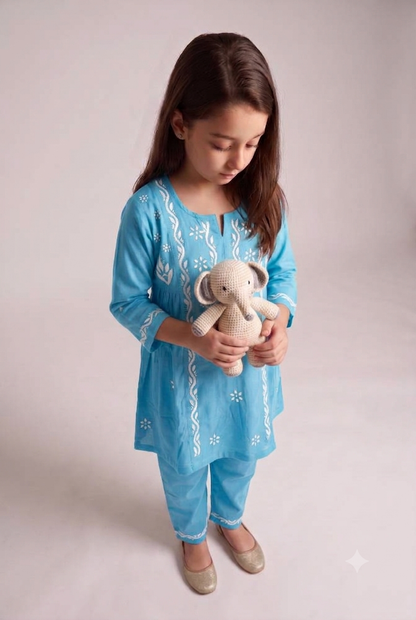 Little Jasmin - Sky Blue Chikankari Side Pleated Kidswear Set