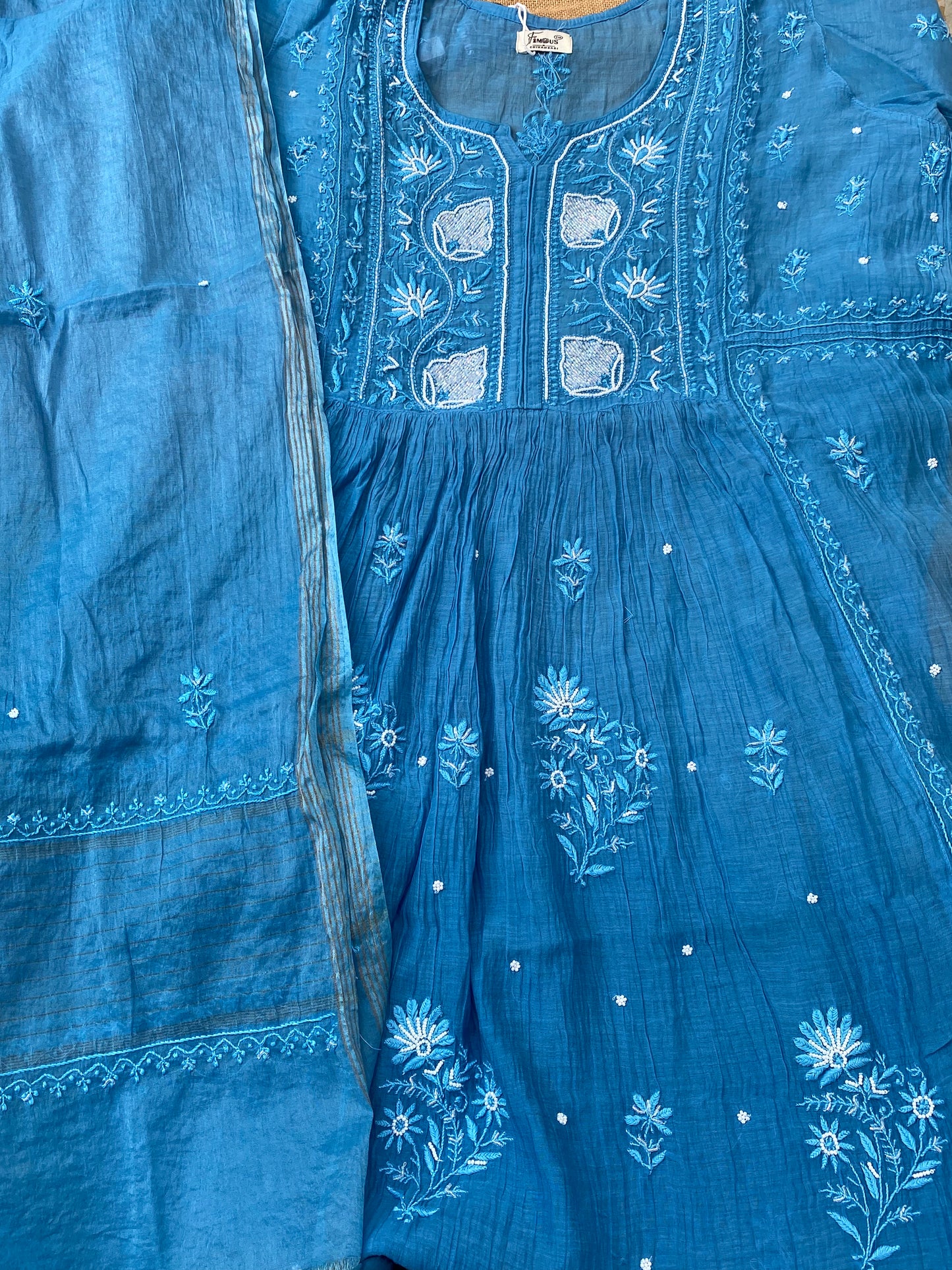 Rahat Blue Ombre Chikankari Semi-Stitched Gown with Dupatta