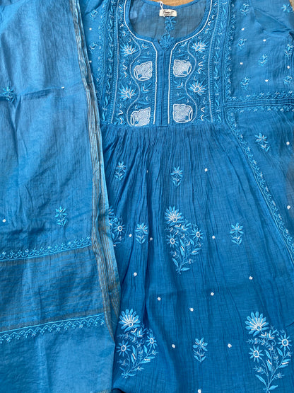 Rahat Blue Ombre Chikankari Semi-Stitched Gown with Dupatta