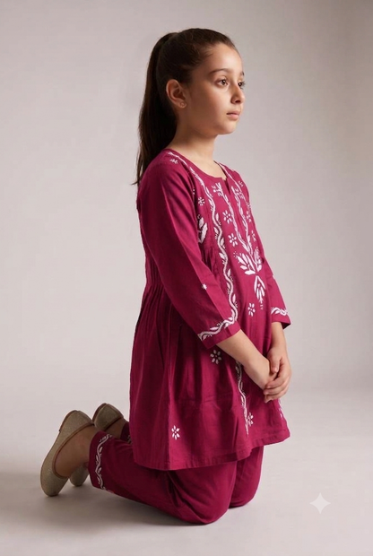 Little Jasmin - Magenta Chikankari Side Pleated Kidswear Set