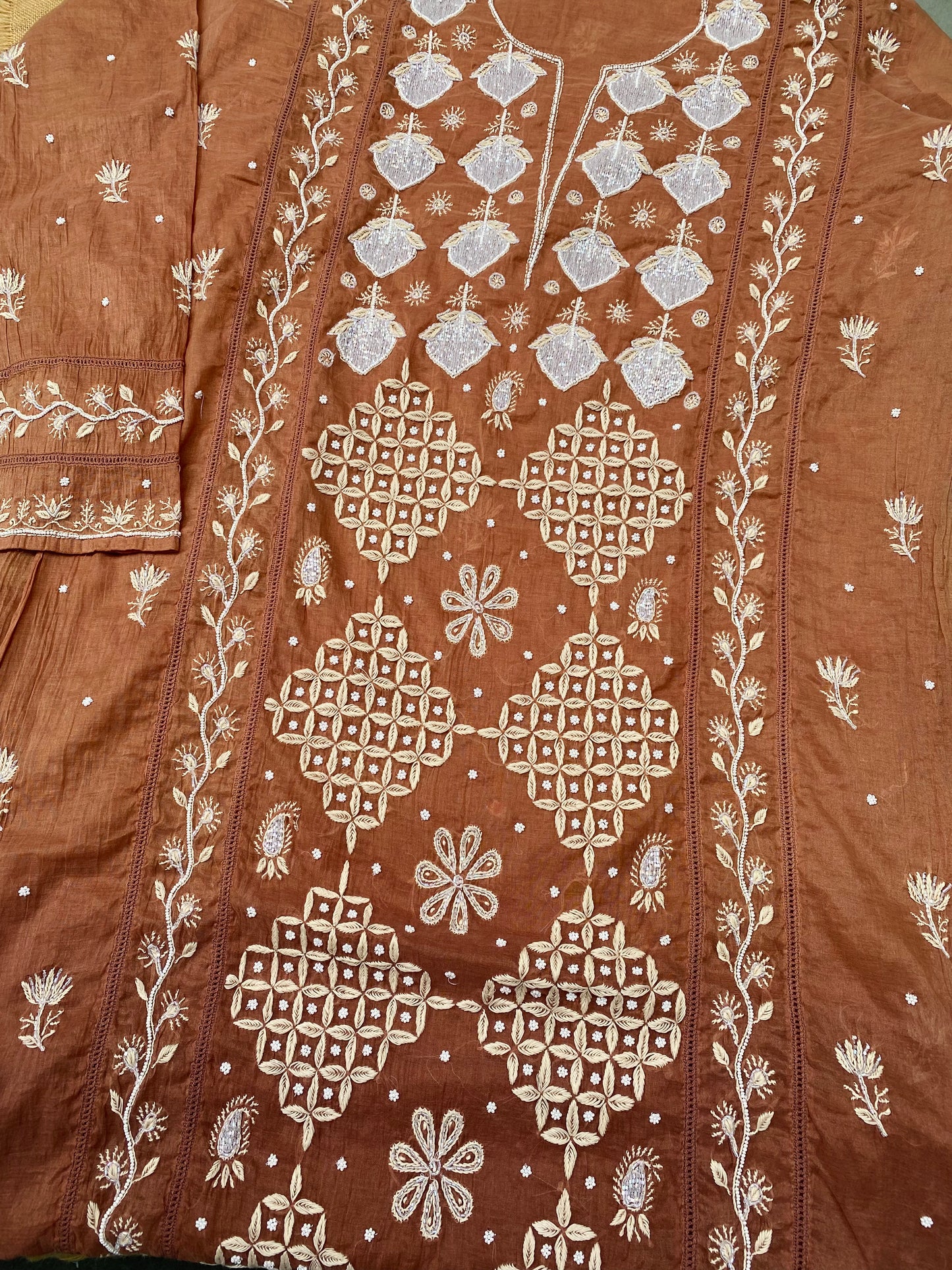 Semi-Stitched Chocolate Brown Ombre Chikankari Kurta & Dupatta