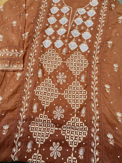 Semi-Stitched Chocolate Brown Ombre Chikankari Kurta & Dupatta