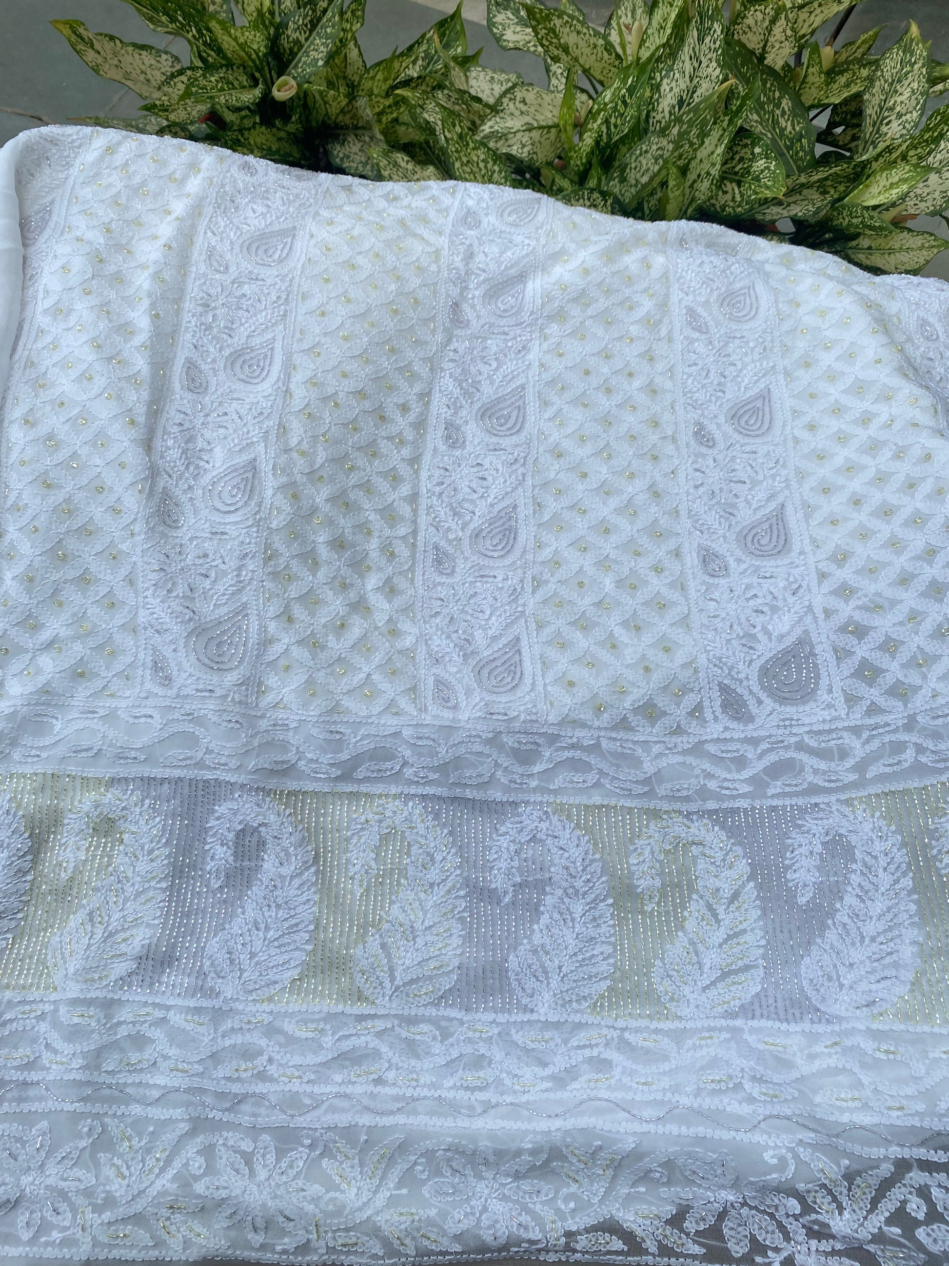 Rangrez Noor| White Chikankari Unstitched Suit with Multicolour Addons - Famous Chikankari
