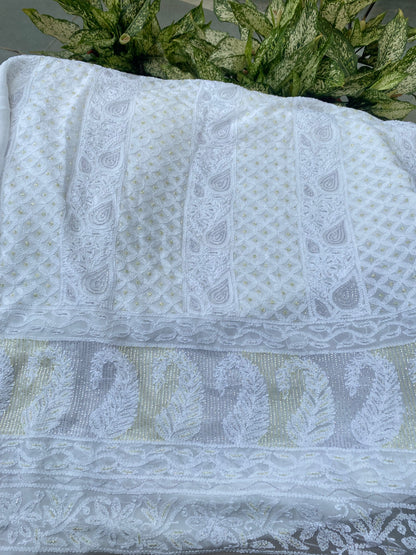 Rangrez Noor| White Chikankari Unstitched Suit with Multicolour Addons - Famous Chikankari