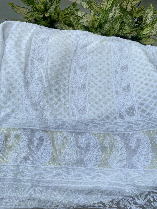 Rangrez Noor| White Chikankari Unstitched Suit with Multicolour Addons - Famous Chikankari